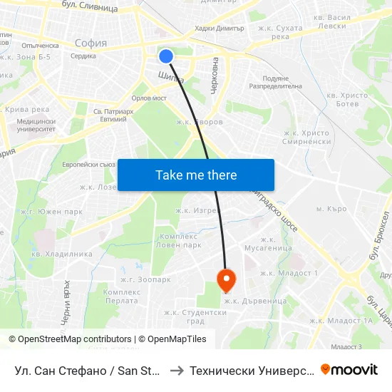 Ул. Сан Стефано / San Stefano St. (2169) to Технически Университет - София map