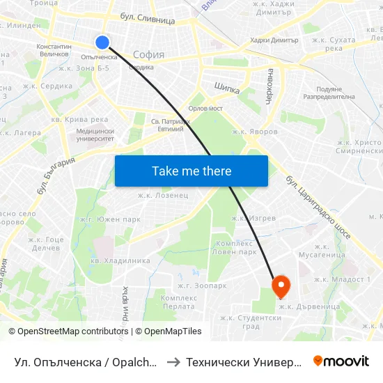 Ул. Опълченска / Opalchenska St. (2083) to Технически Университет - София map