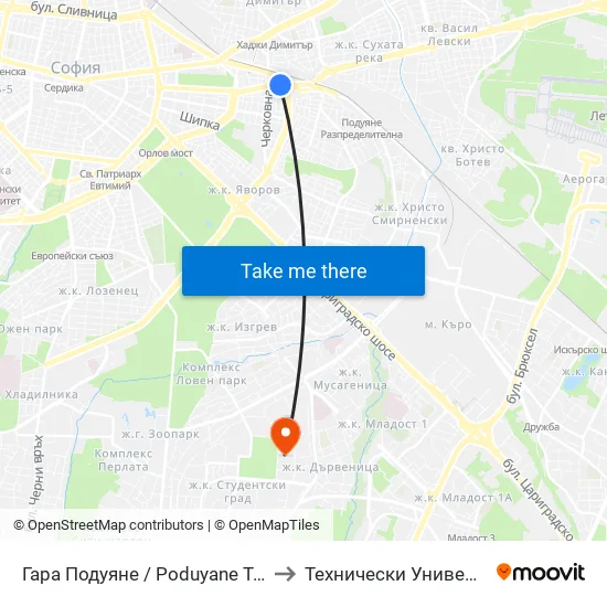 Гара Подуяне / Poduyane Train Station (0469) to Технически Университет - София map