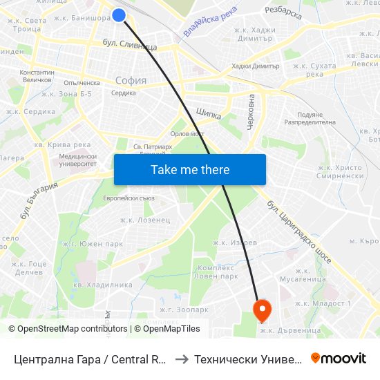 Централна Гара / Central Railway Station (6220) to Технически Университет - София map