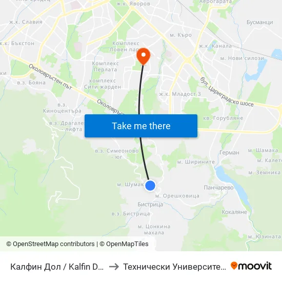 Калфин Дол / Kalfin Dol (2269) to Технически Университет - София map