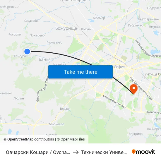 Овчарски Кошари / Ovcharski Koshari (1167) to Технически Университет - София map