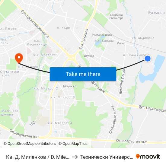 Кв. Д. Миленков / D. Milenkov Qr. (0833) to Технически Университет - София map