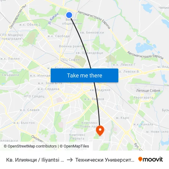 Кв. Илиянци / Iliyantsi Qr. (0848) to Технически Университет - София map