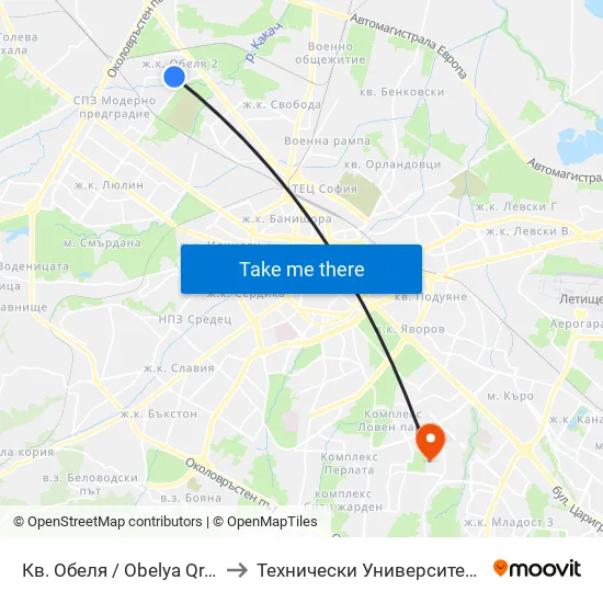 Кв. Обеля / Obelya Qr. (0872) to Технически Университет - София map