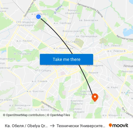 Кв. Обеля / Obelya Qr. (0873) to Технически Университет - София map