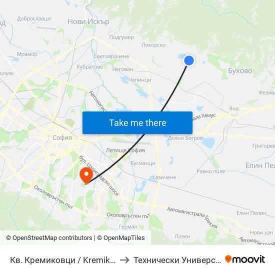 Кв. Кремиковци / Kremikovtsi Qr. (0855) to Технически Университет - София map