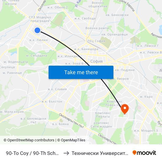 90-То Соу / 90-Th School (2277) to Технически Университет - София map