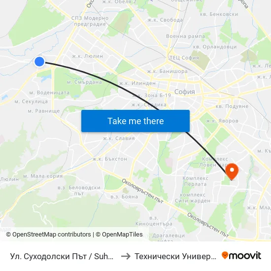 👋 Ул. Суходолски Път / Suhodolski Pat (2198) to Технически Университет - София map