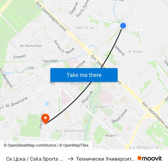 Ск Цска / Cska Sports Club (1153) to Технически Университет - София map