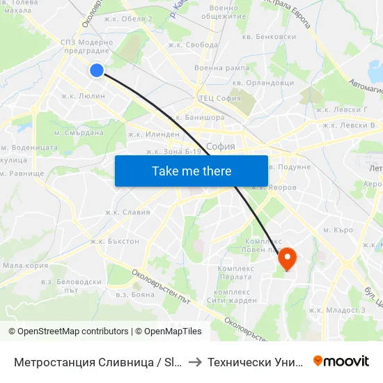 Ⓜ️ Метростанция Сливница / Slivnitsa Metro Station (1059) to Технически Университет - София map