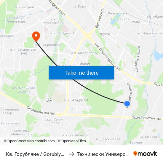Кв. Горубляне / Gorublyane Qr. (0831) to Технически Университет - София map