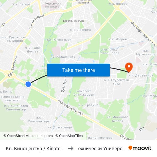 Кв. Киноцентър / Kinotsentar Qr. (1966) to Технически Университет - София map