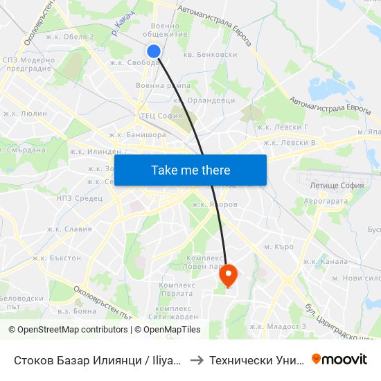 Стоков Базар Илиянци / Iliyantsi Commodity Market (0755) to Технически Университет - София map