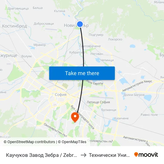 Каучуков Завод Зебра / Zebra Caouchouc Factory (0799) to Технически Университет - София map