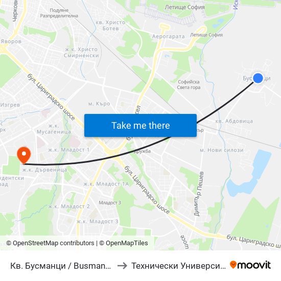 Кв. Бусманци / Busmantsi Qr. (0815) to Технически Университет - София map