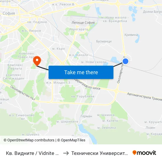 Кв. Видните / Vidnite Qr. (0819) to Технически Университет - София map