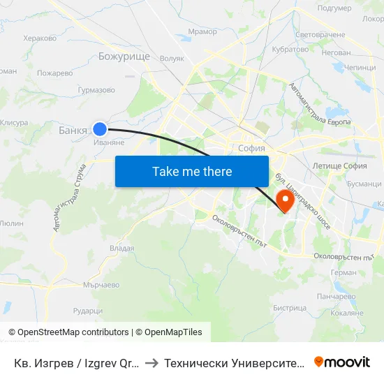 Кв. Изгрев / Izgrev Qr. (0844) to Технически Университет - София map