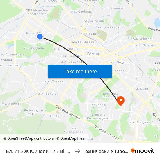 Бл. 715 Ж.К. Люлин 7 / Bl. 715, Lyulin 7 Qr. (0253) to Технически Университет - София map
