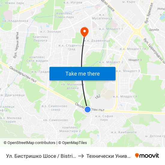 Ул. Бистришко Шосе / Bistrishko Shosse St. (0865) to Технически Университет - София map