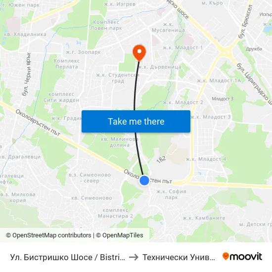 🛍️ Ул. Бистришко Шосе / Bistrishko Shosse St. (0865) to Технически Университет - София map