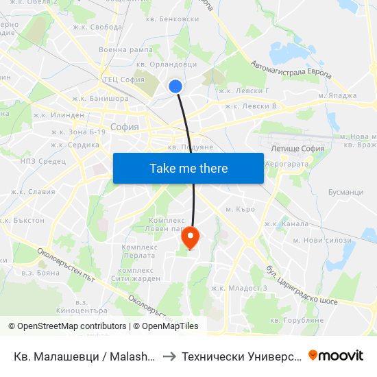 Кв. Малашевци / Malashevtsi Qr. (0863) to Технически Университет - София map