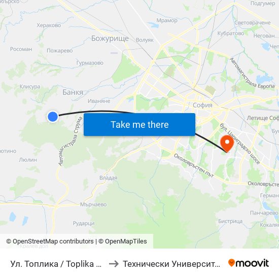 Ул. Топлика / Toplika St. (0870) to Технически Университет - София map