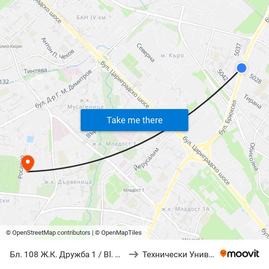 Бл. 108 Ж.К. Дружба 1 / Bl. 108, Druzhba 1 Qr. (0128) to Технически Университет - София map