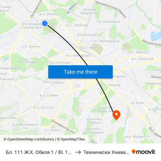 Бл. 111 Ж.К. Обеля 1 / Bl. 111, Obelya 1 Qr. (0132) to Технически Университет - София map