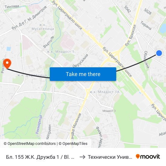 Бл. 155 Ж.К. Дружба 1 / Bl. 155, Druzhba 1 Qr. (0141) to Технически Университет - София map