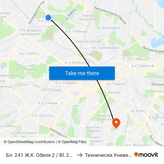 Бл. 241 Ж.К. Обеля 2 / Bl. 241, Obelya 2 Qr. (0172) to Технически Университет - София map
