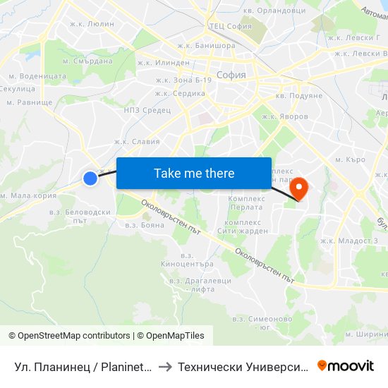Ул. Планинец / Planinets St. (2103) to Технически Университет - София map
