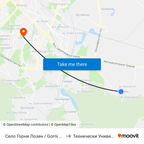Село Горни Лозен / Gorni Lozen Village (1524) to Технически Университет - София map