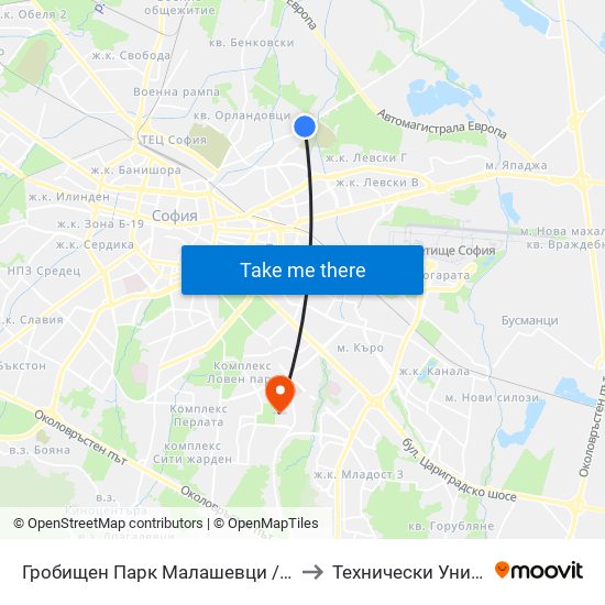 Гробищен Парк Малашевци / Malashevtsi Cemetery (1146) to Технически Университет - София map