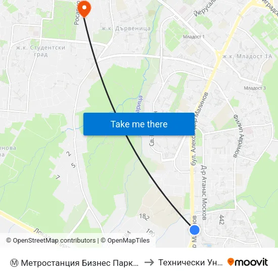 Ⓜ️ Метростанция Бизнес Парк / Business Park Metro Station (2491) to Технически Университет - София map
