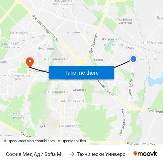 София Мед Ад / Sofia Med Jsc (0975) to Технически Университет - София map