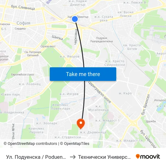 Ул. Подуенска / Poduenska St. (2118) to Технически Университет - София map