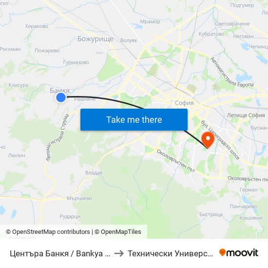 Центъра Банкя / Bankya Centre (0502) to Технически Университет - София map