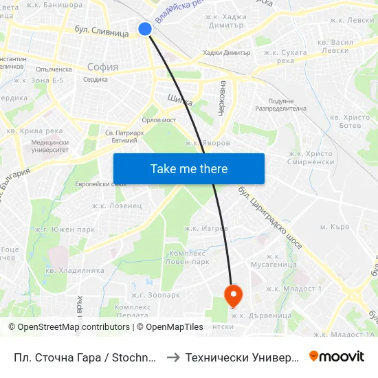 Пл. Сточна Гара / Stochna Gara Sq. (1312) to Технически Университет - София map