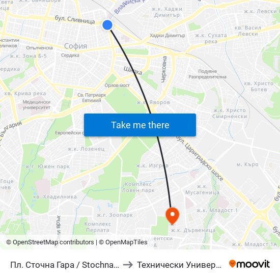 Пл. Сточна Гара / Stochna Gara Sq. (1319) to Технически Университет - София map