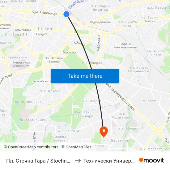 Пл. Сточна Гара / Stochna Gara Sq. (1314) to Технически Университет - София map