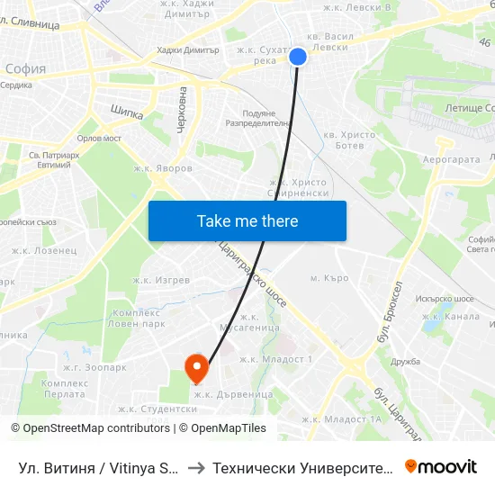 Ул. Витиня / Vitinya St. (1870) to Технически Университет - София map