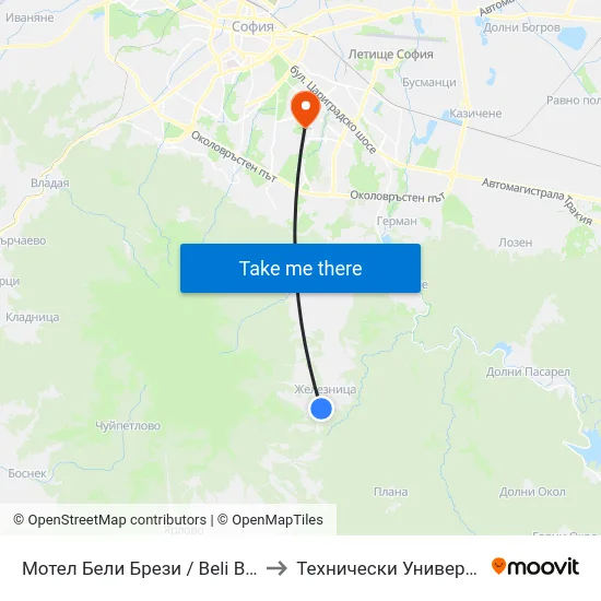 Мотел Бели Брези / Beli Brezi Motel (1104) to Технически Университет - София map