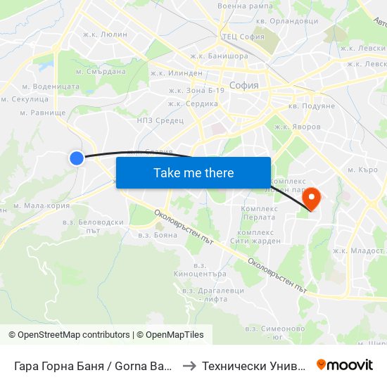 Гара Горна Баня / Gorna Banya Train Station (0480) to Технически Университет - София map