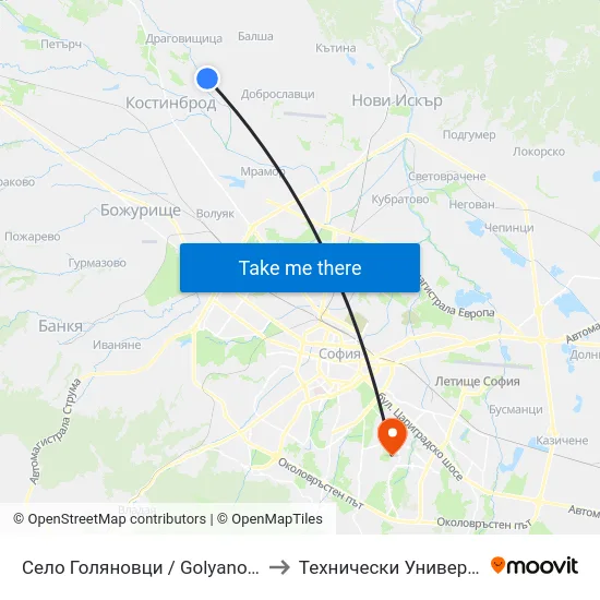 Село Голяновци / Golyanovtsi Village (1519) to Технически Университет - София map