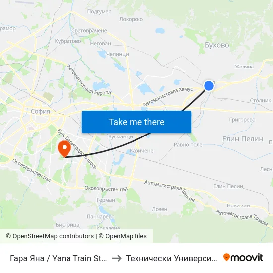 Гара Яна / Yana Train Station (0478) to Технически Университет - София map
