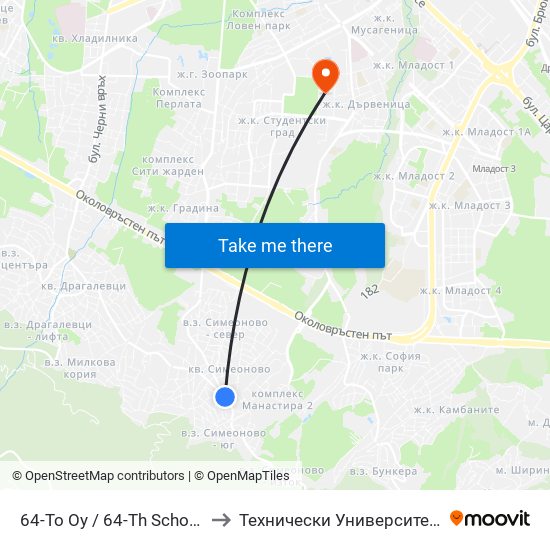 64-То Оу / 64-Th School (2285) to Технически Университет - София map