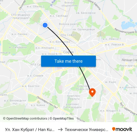 Ул. Хан Кубрат / Han Kubrat St. (2232) to Технически Университет - София map