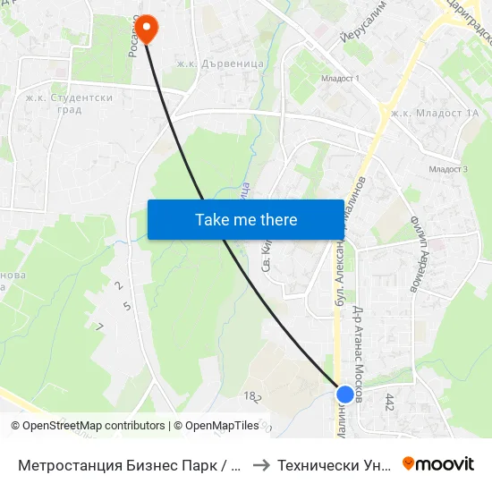 Ⓜ️ Метростанция Бизнес Парк / Business Park Metro Station (2374) to Технически Университет - София map