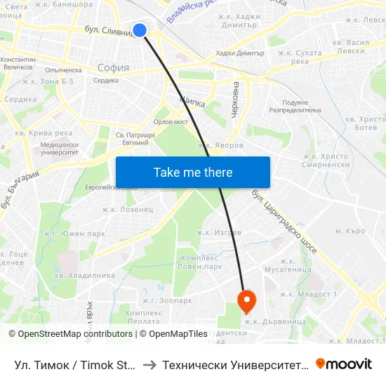 Ул. Тимок / Timok St. (2205) to Технически Университет - София map